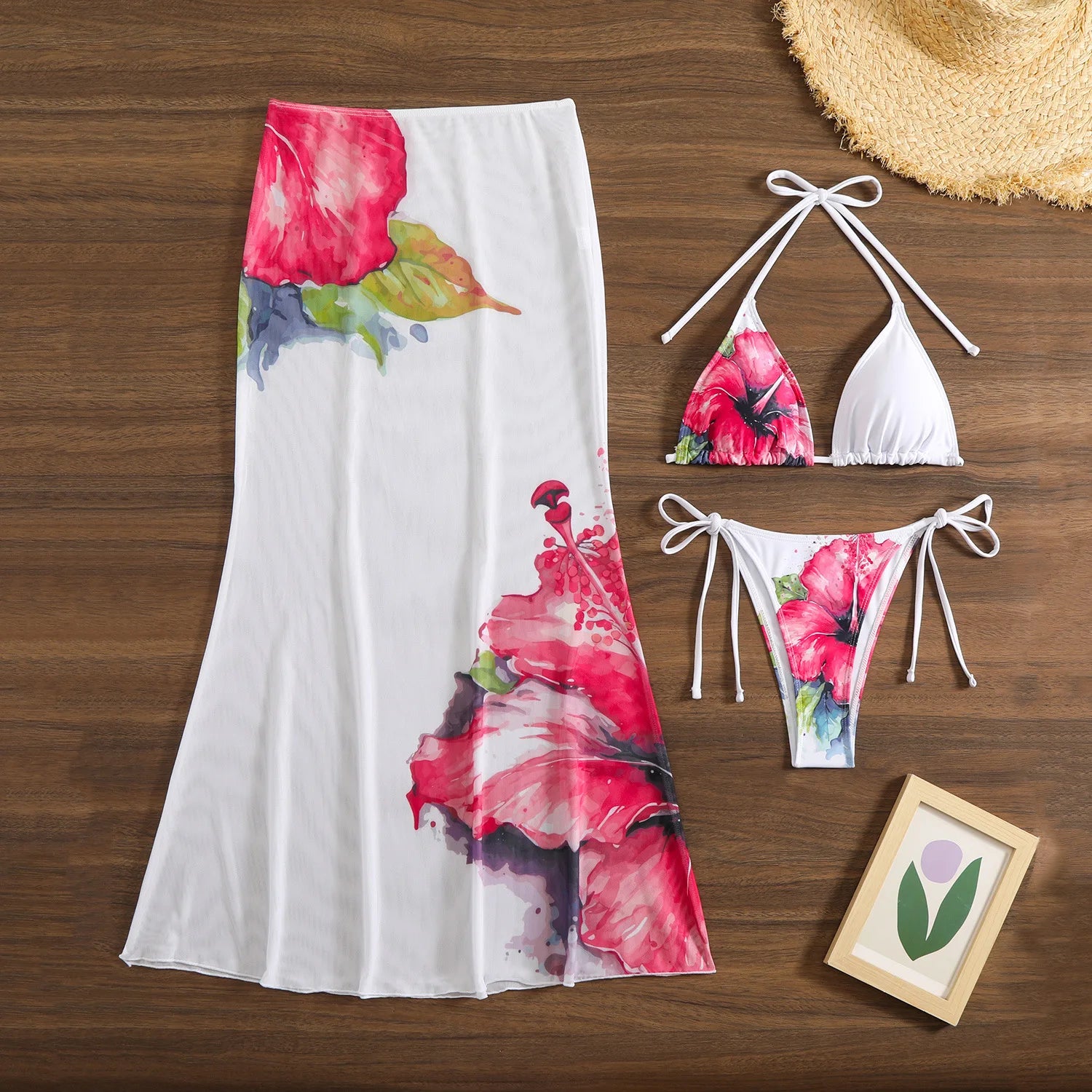 Flower Print Bikini Set Women's High Waist Long Skirt 3 Piece Swimsuit - Norellé