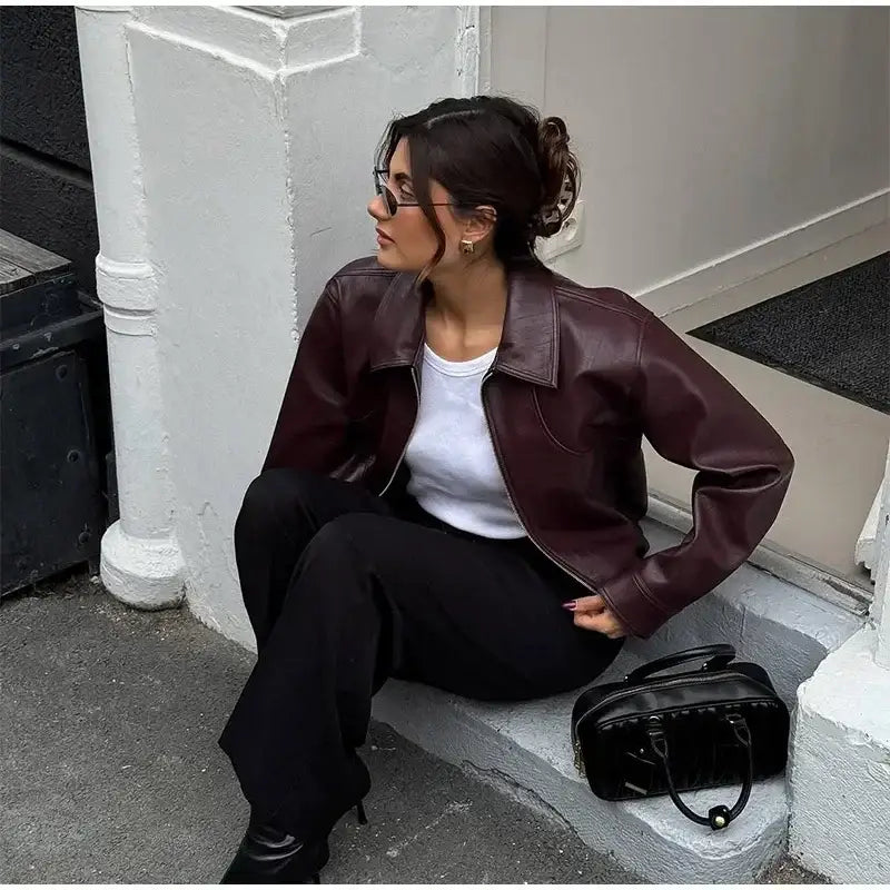 Retro Wine Red Pu Leather Short Jacket Women