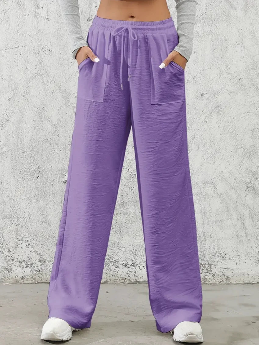 Solid Drawstring Wide Leg Pants