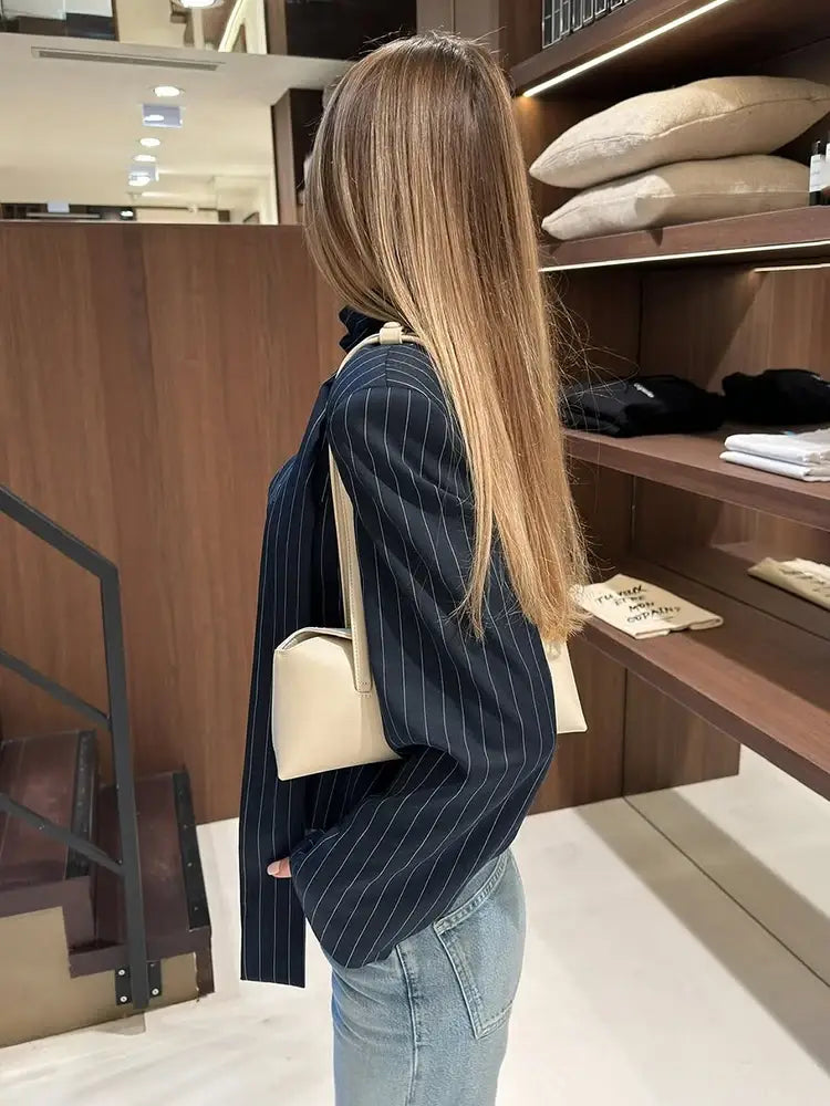 Striped Print V-neck Ribbon Shirt