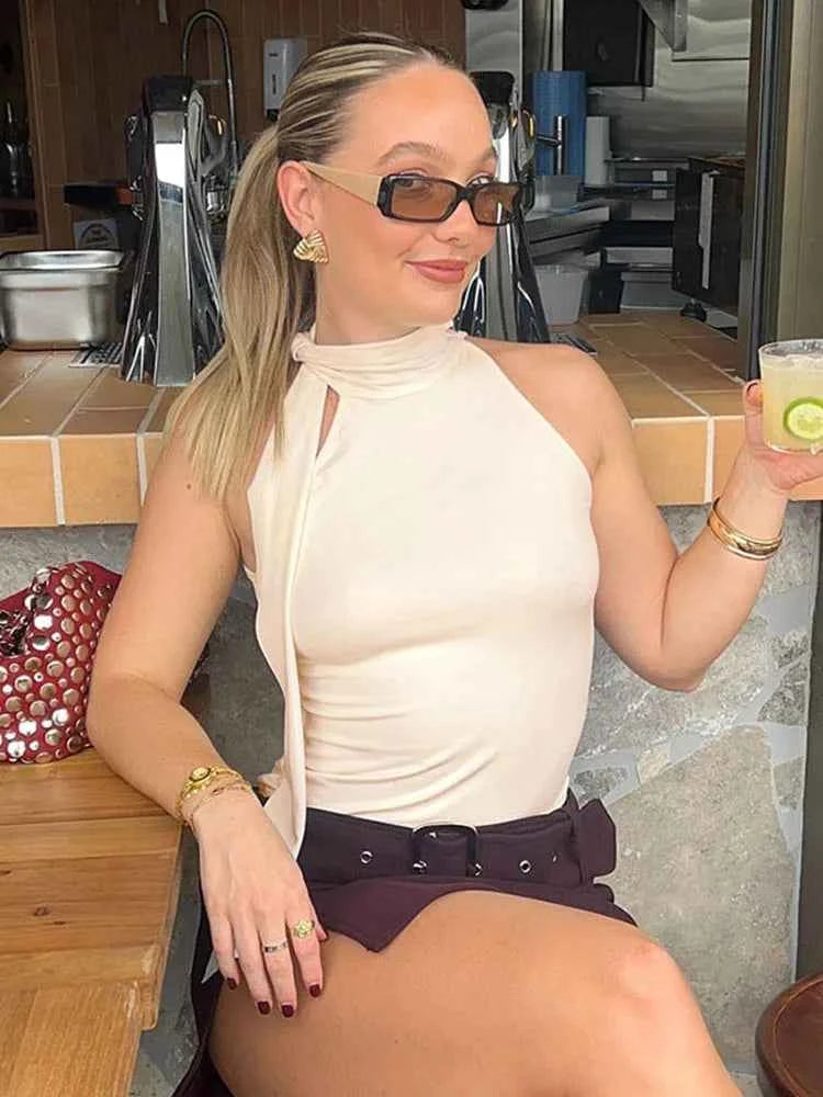 Solid Bow Knot Halter Women Sleeveless Tank