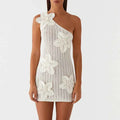Knitted Asymmetric Dress Hollow Slant Neck Slim Mini Dress
