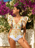 Ruffle V Neck Print One Piece Swimsuit and Shorts Women - Norellé