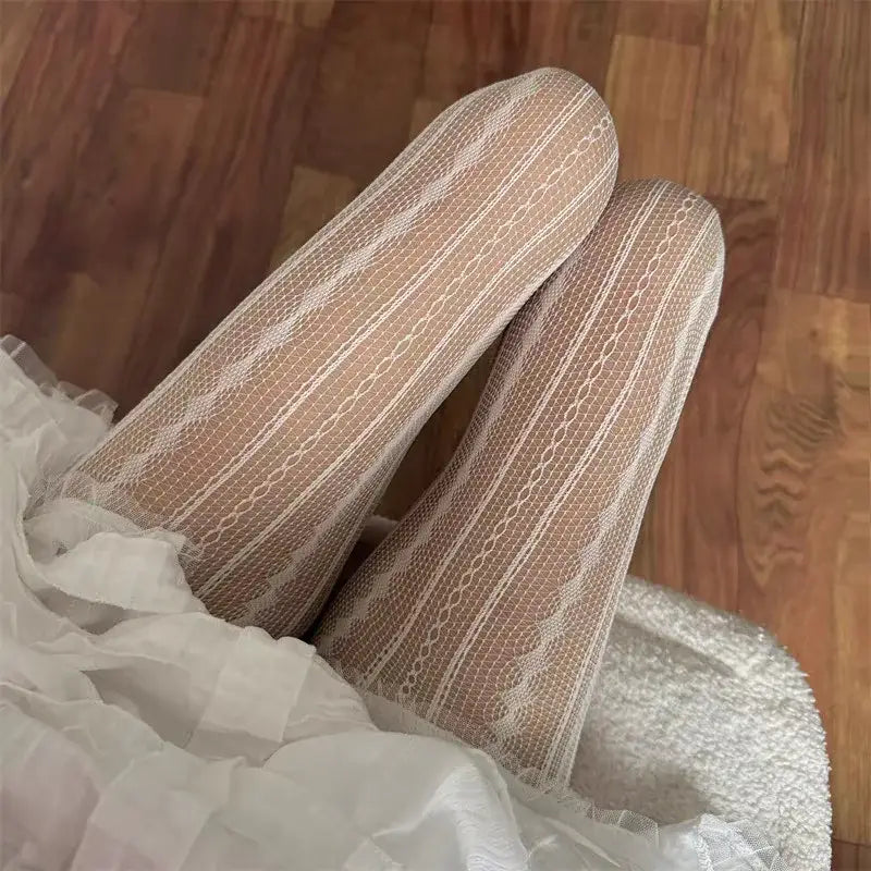 Striped Tights Women Figures Hollow-Out Lace Fishnet
