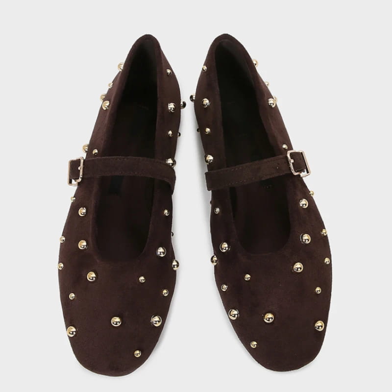 Round Toe Women Shoes Brown Faux Suede Metal Belt Non-slip