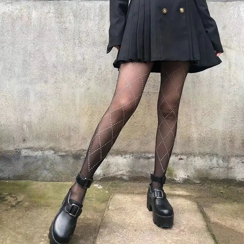 Pantyhose Women Rhinestone Plaid Slim Stockings