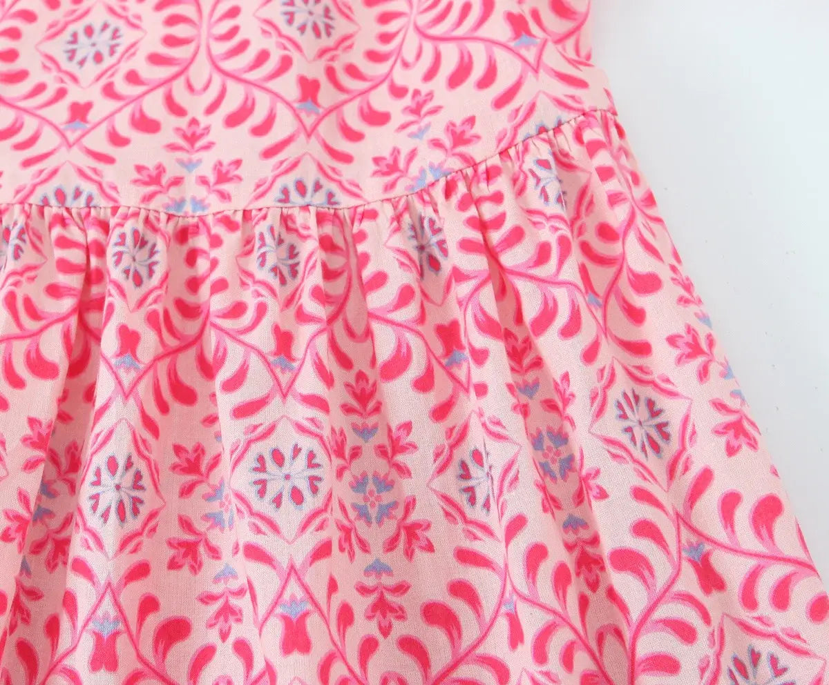 Women Elegant V Neck Floral Print Casual Shirt Midi Dress