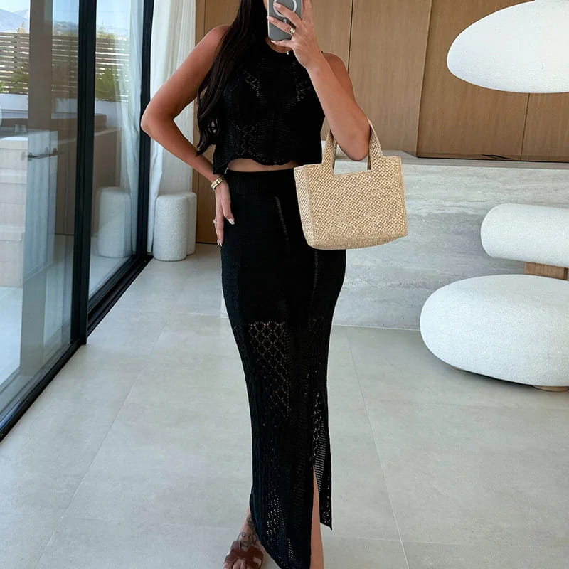 Beach Outfit Sleeveless Vest&Wrap Hips Skirts 2 Piece Set