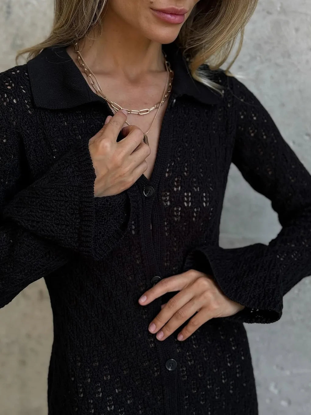 Knit Long Dress Solid Hollow Single Breasted Cardigan