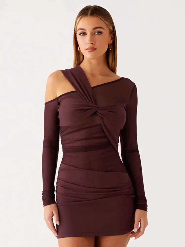 Inclined Shoulder Long Sleeve Mini Dress Women