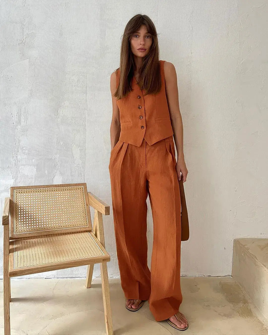 Cotton Linen Blend Vest Wide Leg Pants Suit
