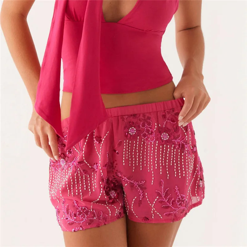 Womens Sequin Sparkle Beaded Mini Shorts