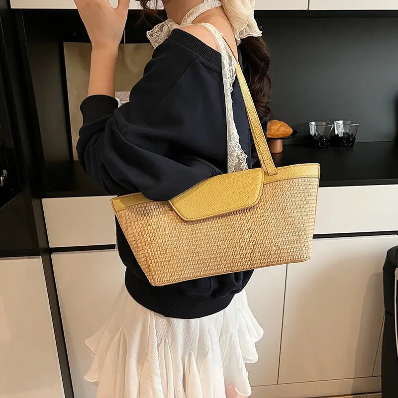 Women Shoulder Bag PU Woven Patchwork Stick