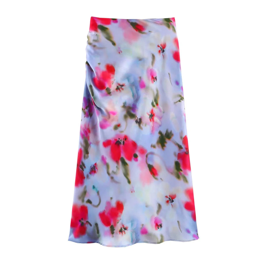 Womens Floral Print Ruched Side Wrap Maxi Skirt