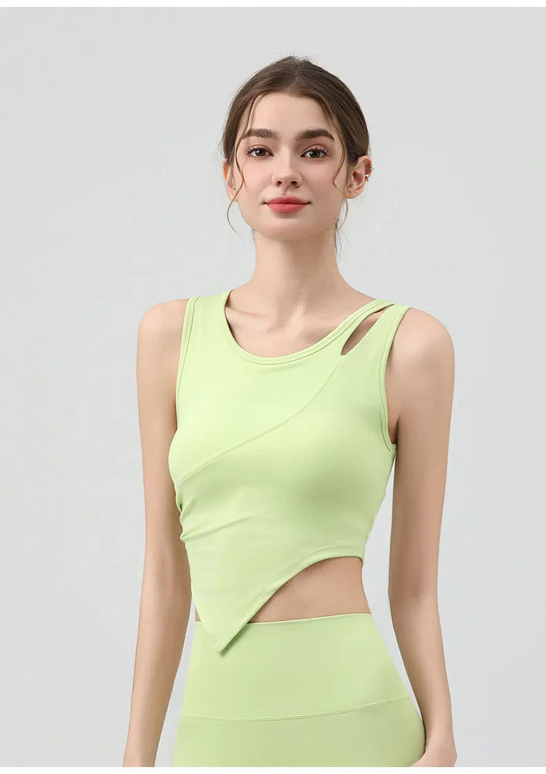High Strength Women Yoga Irregular Lower Hem Shoulder Hollow Out Tank Top