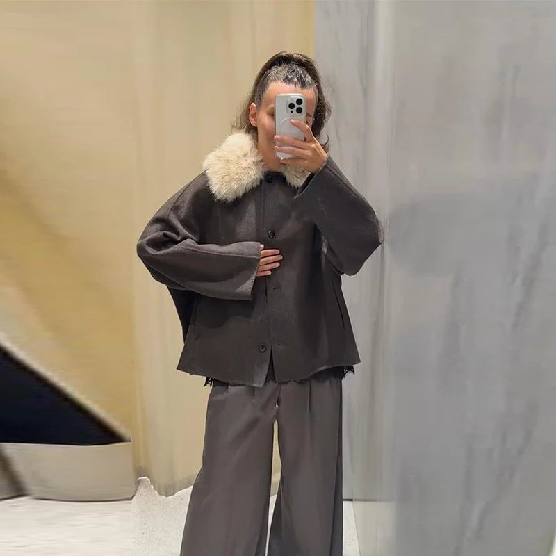 Women’s Overcoat Faux Fur Collar Full Sleeve Single Breasted