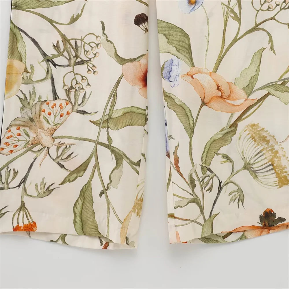 Women’s Floral Pattern Shirt With Rolled Edge Design Long Pants