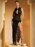 Hollow Out High Slit Lace Women Maxi Dress Black See - Norellé