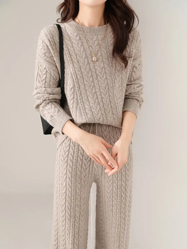 100% Wool Suit Women’s Pullover Sweater Knitting O-neck Wide Leg Pant