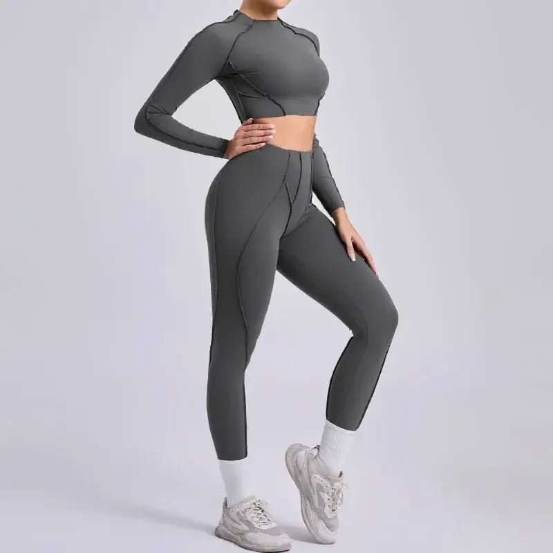 Seamless Sets Sports Fitness Hip-lifting High Waist Pleated Pants Long-sleeved Suits Workout