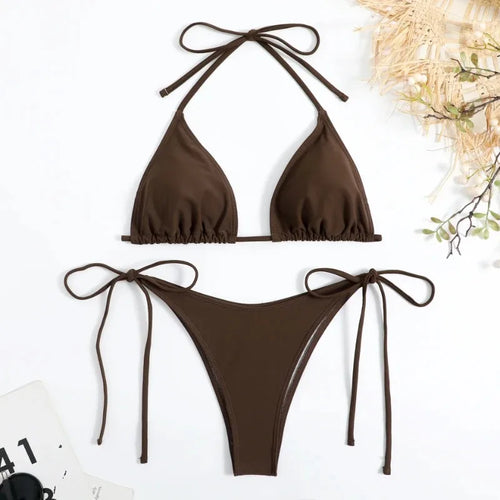 Women Thong Solid Color Bikini Set Side Halter Tie Swimsuit - Norellé