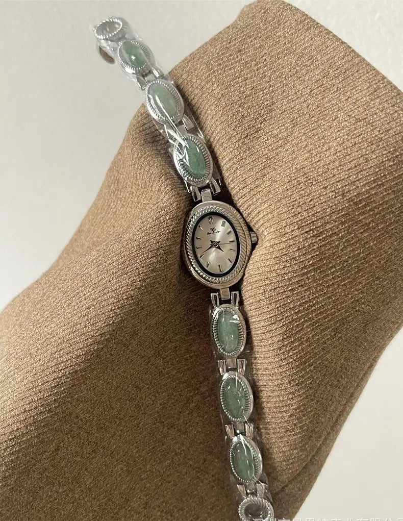 Women’s Watch Natural Premium Jade Gold Silver Bracelet Quartz