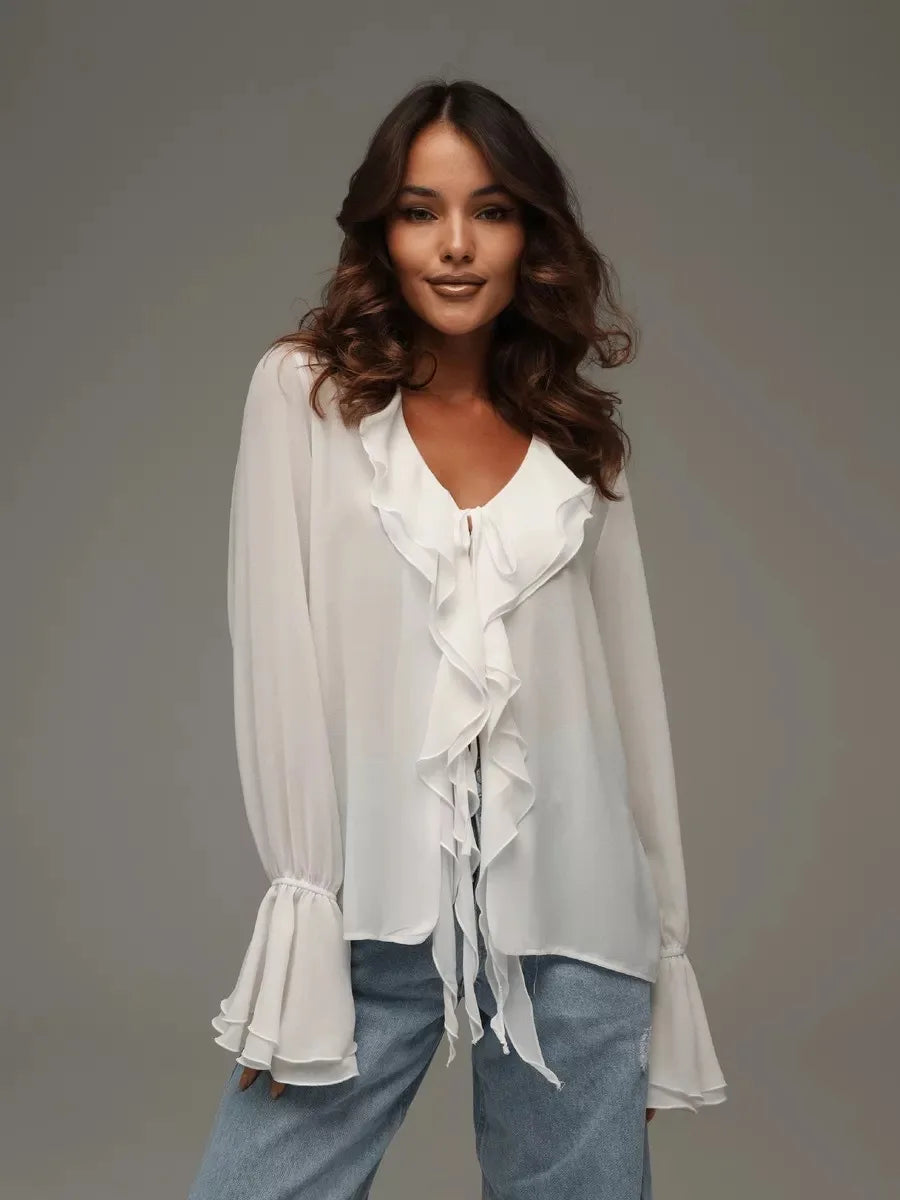 Elegant White Chiffon Ruffle Shirt Women