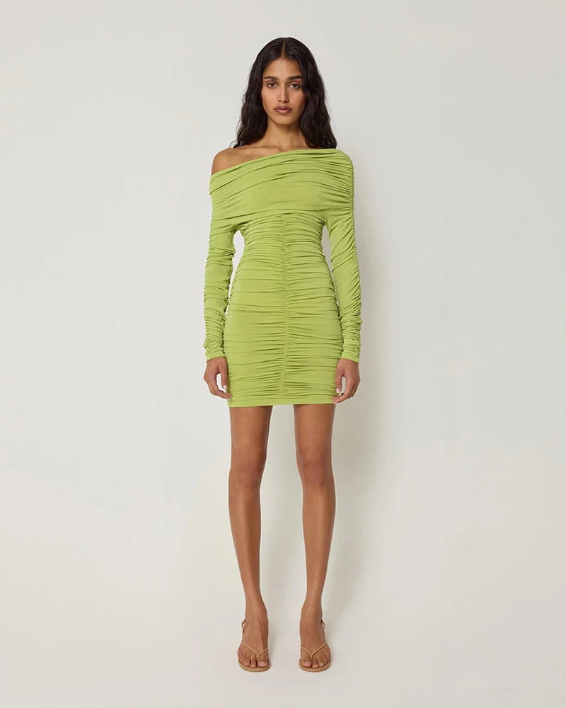 Inclined Shoulder Long Sleeve Mini Dress For Women