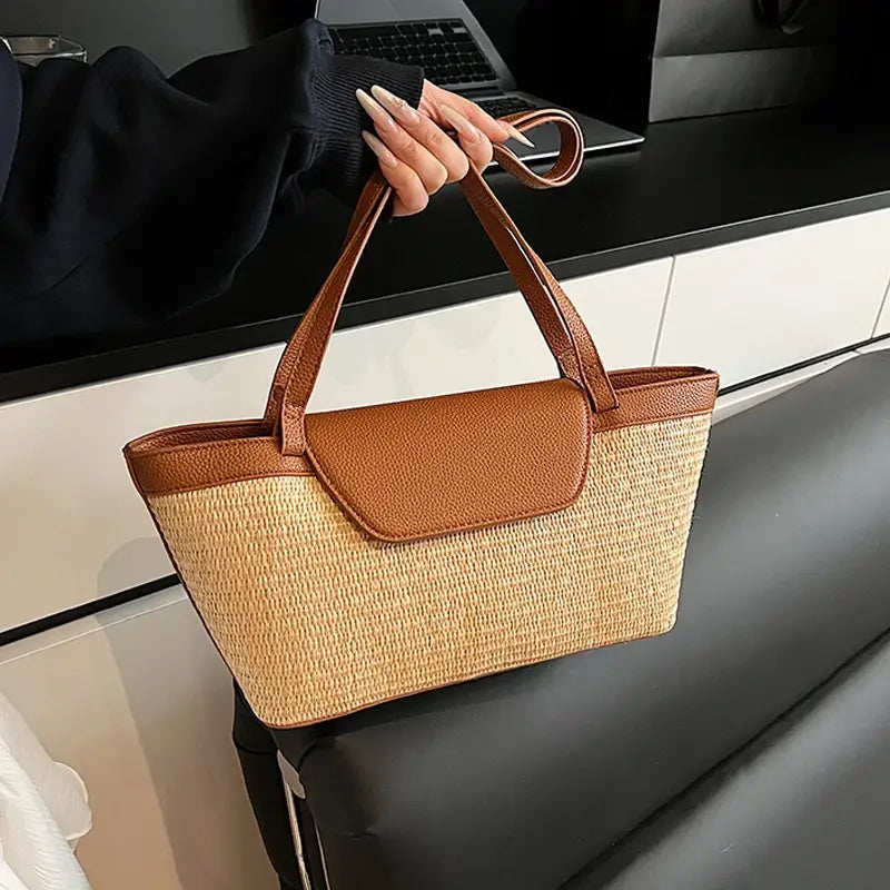 Women Shoulder Bag PU Woven Patchwork Stick