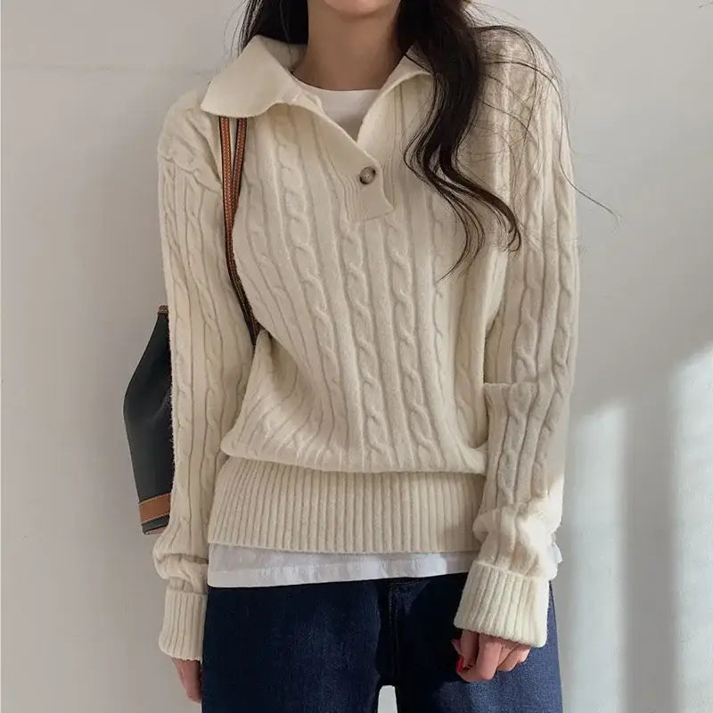 Turn-down Collar Solid Women’s Sweater