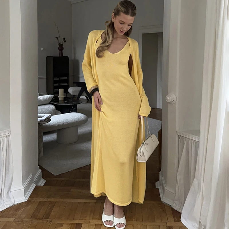 Women Long Dress Three Piece Solid Knit Halter Sleeve Cardigan Set