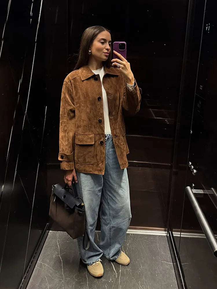 Women Dark Brown Suede Coat