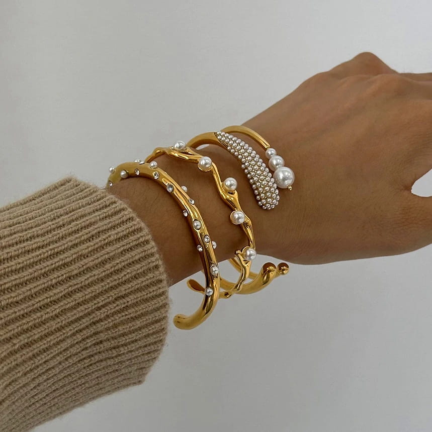 Double Wrap Stack Bracelet Pearl Open Bangle