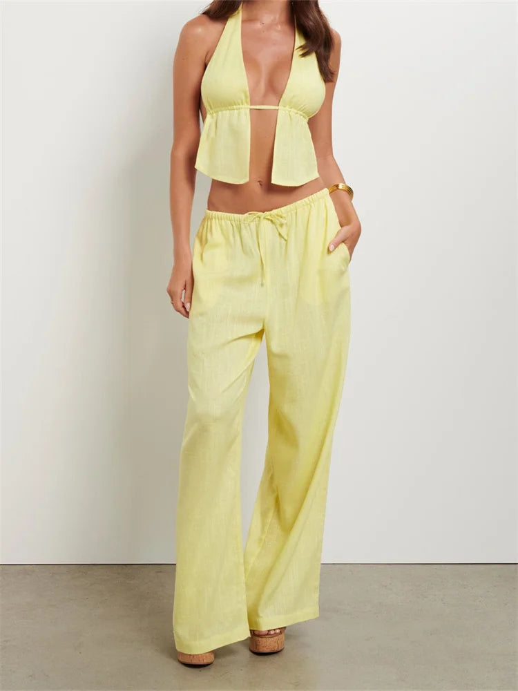 Women Pants Outfits Striped/Solid Halter Tie-Up Backless Tank Tops Wide-Leg 2 Pieces Set