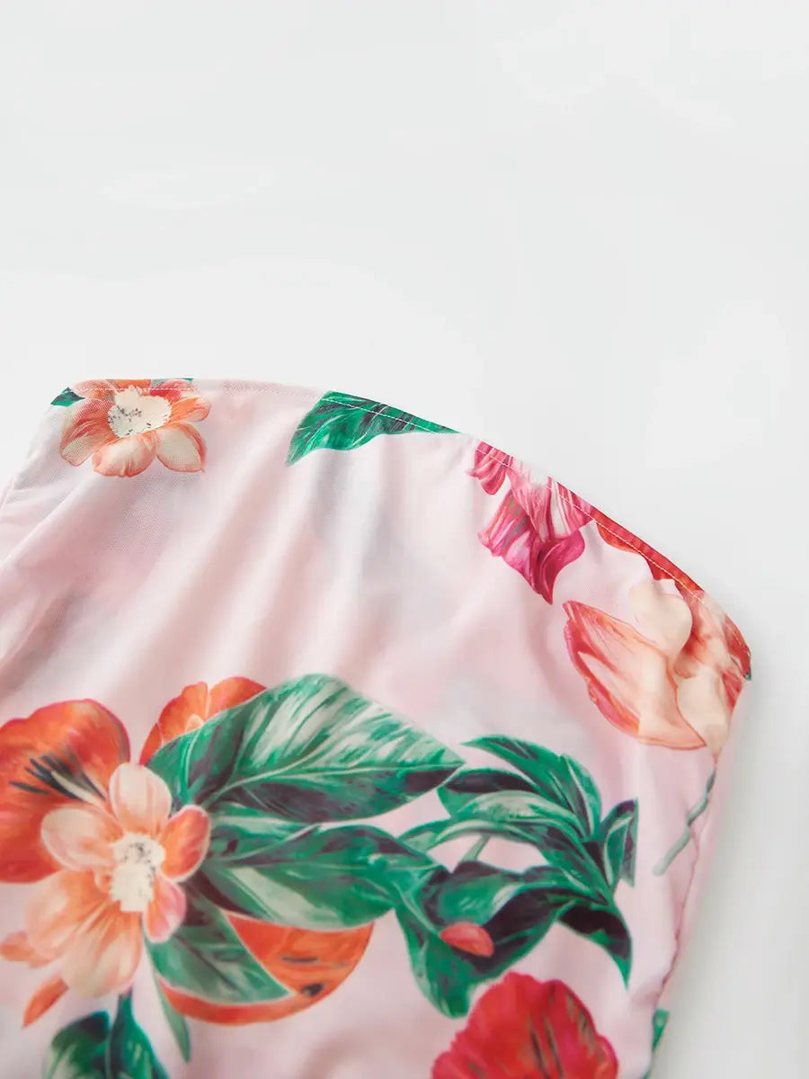 Women Tube Top Mesh Ruched Strapless Crop