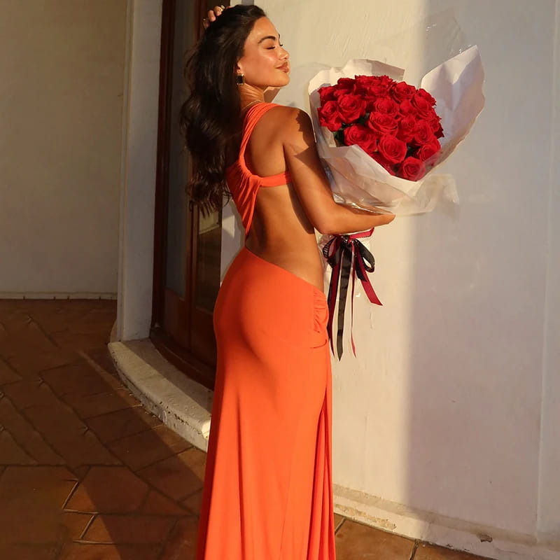 Women’S Solid Color One Shoulder Hollow Out Backless Dress