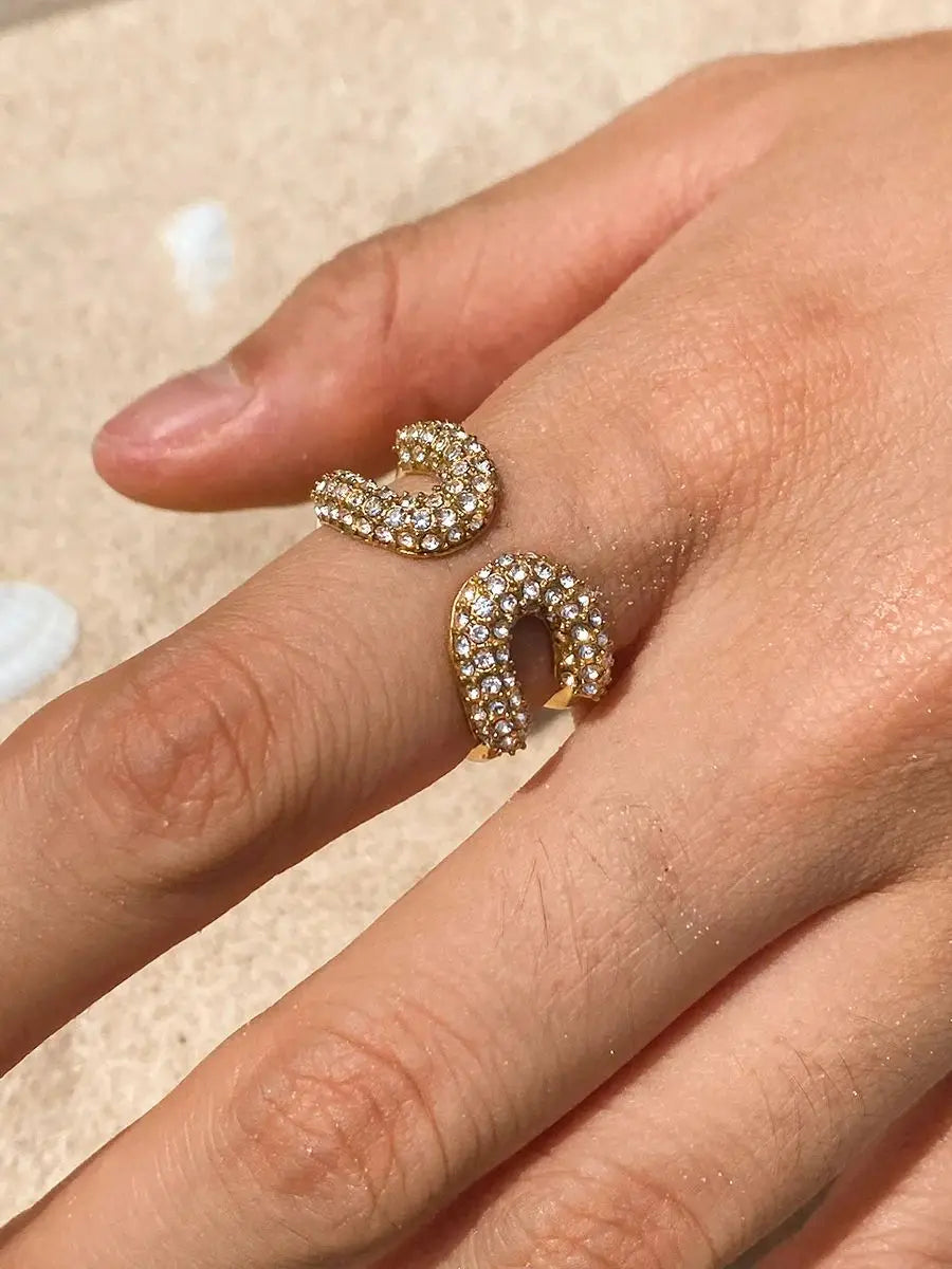 Gold Color Plated Stainless Steel White Rhinestone Paper Clip Ring