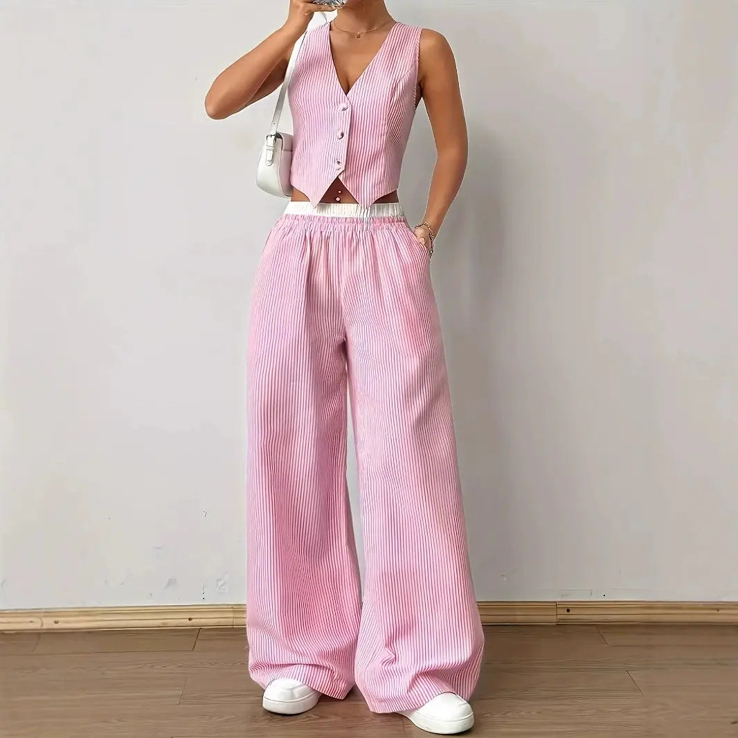 Striped Sleeveless V-Neck Vest + Waist Contrast Color Trousers Two-Piece Set
