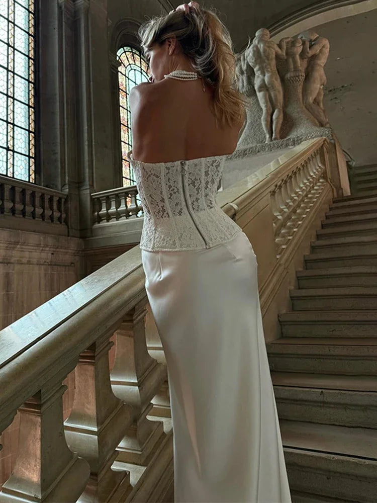 Elegant Satin Skirts And Vest Suits Women French Vintage Lace - Norellé