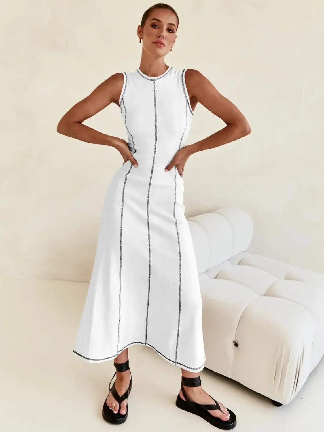 Women Clothing Knitted Long Skirt Simple Round Neck Sleeveless Female Vestidos