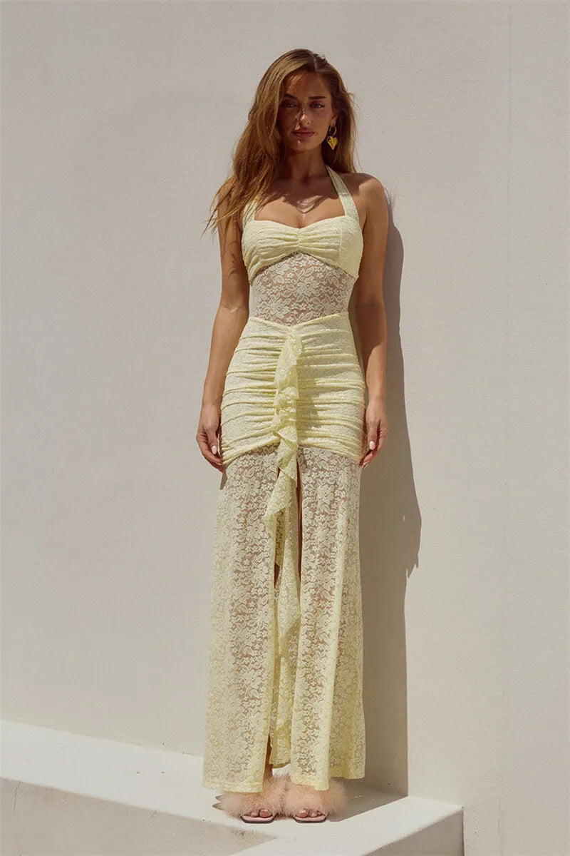 Lace Draped Ruched Maxi Dress Women