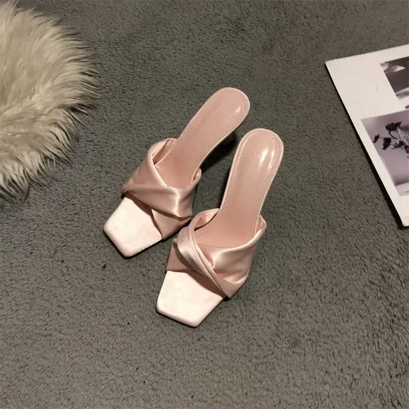 Satin Slippers Women Square Toe High Heels