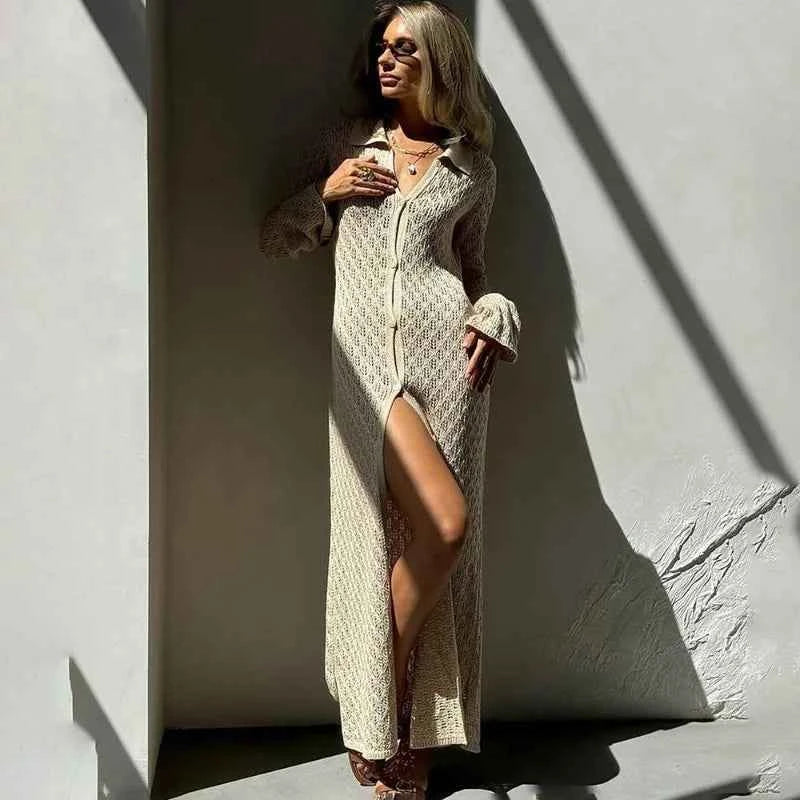 Knit Long Dress Solid Hollow Single Breasted Cardigan Dress