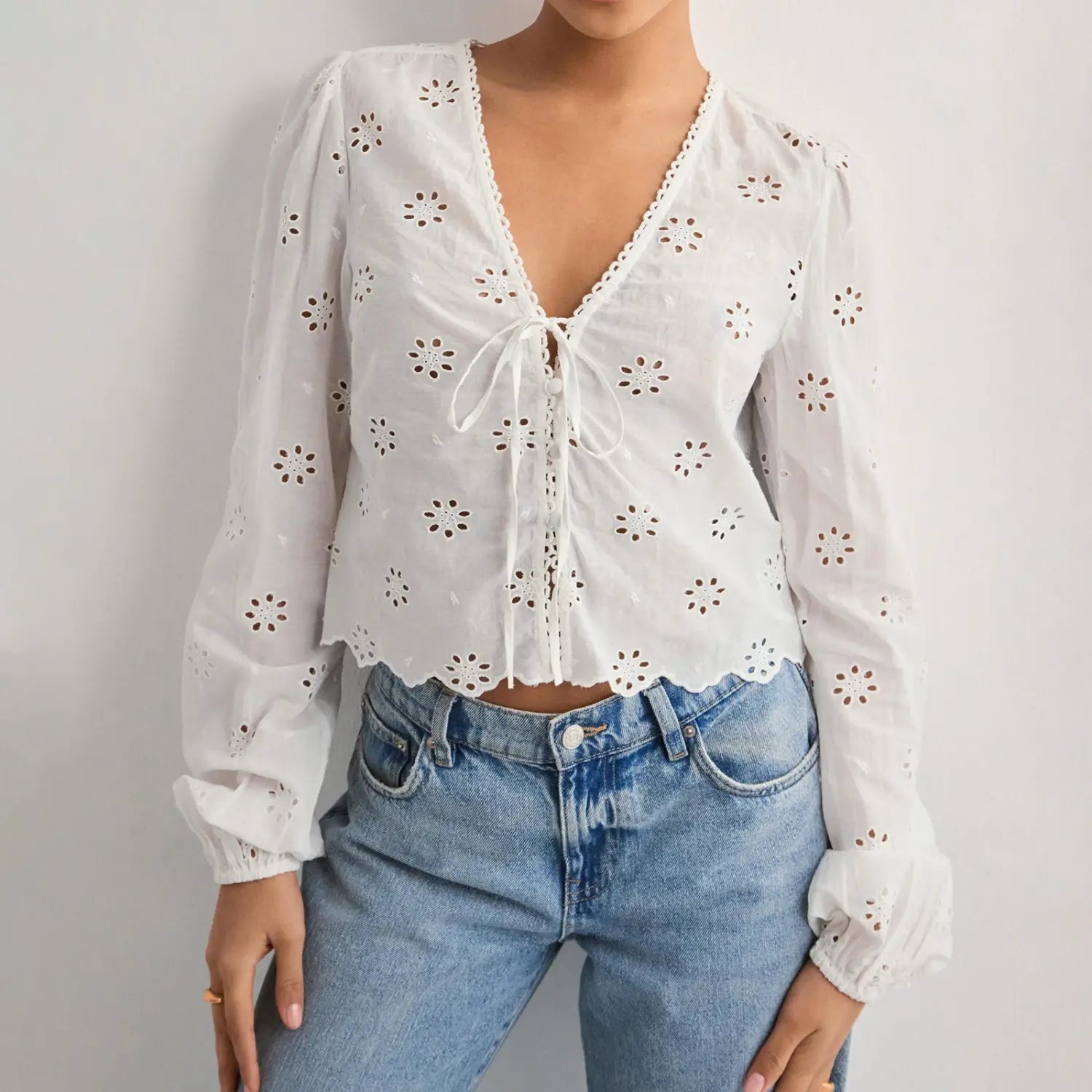 Women Tie Front Blouse Top Long Sleeve