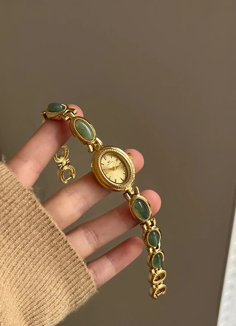 Women’s Watch Natural Premium Jade Gold Silver Bracelet Quartz