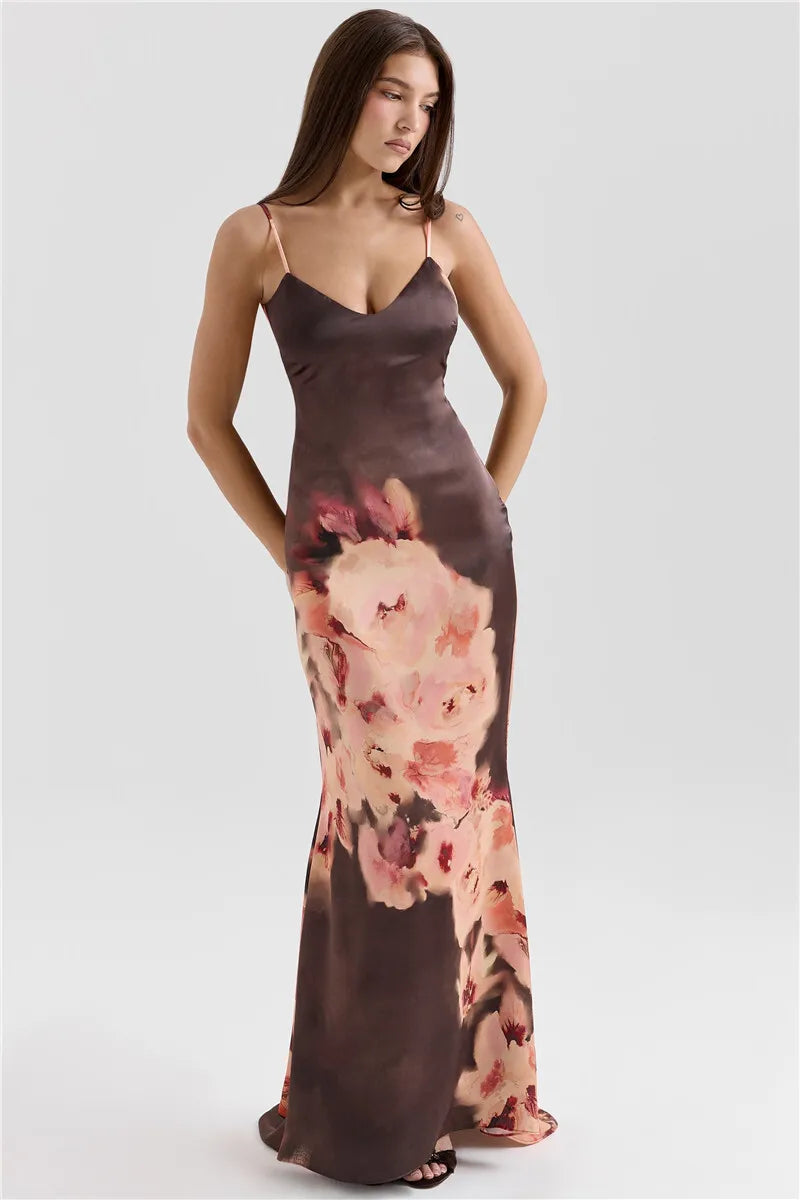Satin Floral Print Maxi Dress Women