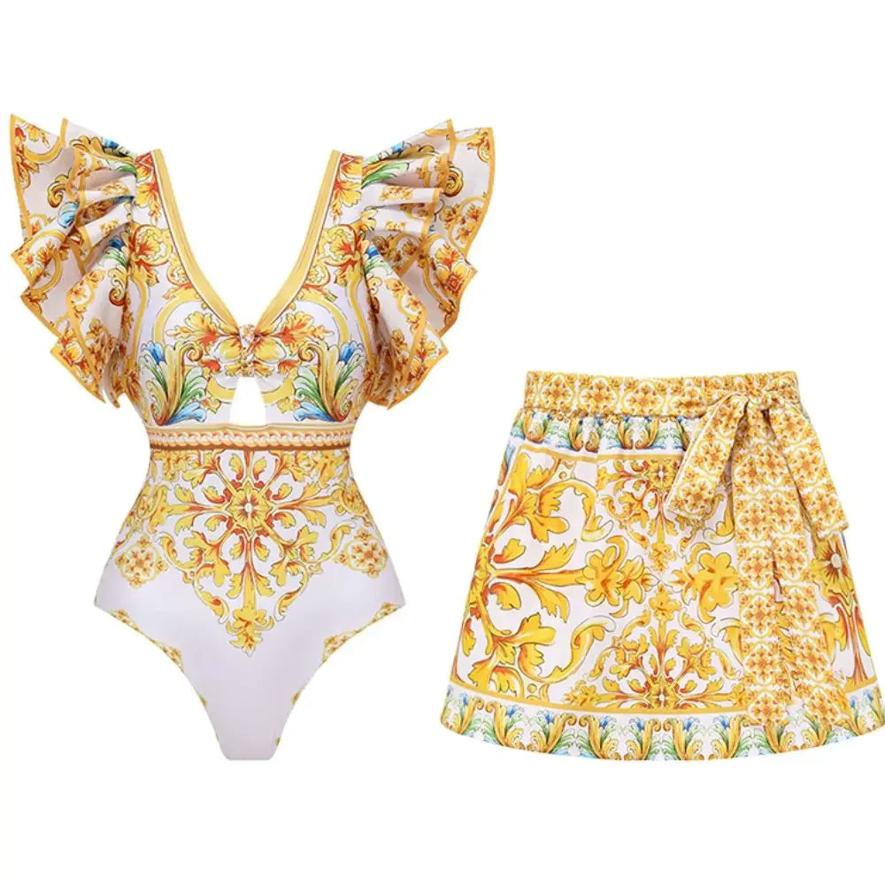 Ruffle V Neck Print One Piece Swimsuit and Shorts Women - Norellé