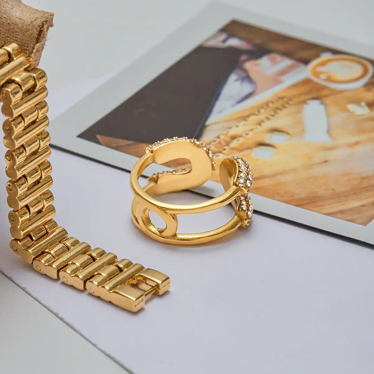 Gold Color Plated Stainless Steel White Rhinestone Paper Clip Ring