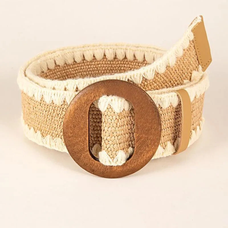 Patchwork Round Wood Buckle Women Belt