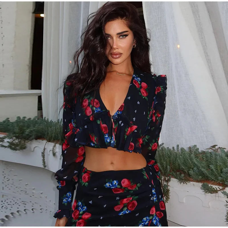 Printed Shirt Ruffles Split Skirt Sets Women